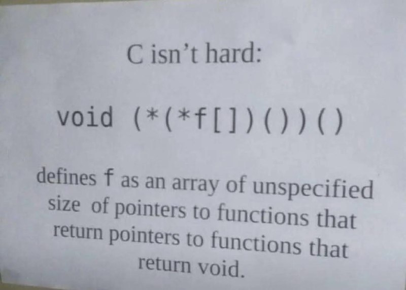 C isn't hard Мем с текстом «C isn't hard» и примером сложного объявления функции в языке программирования C