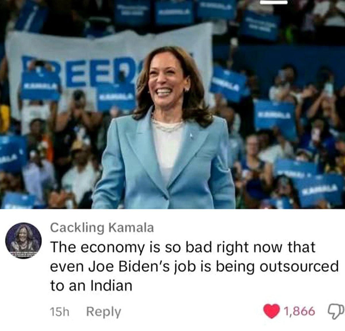 Cackling Kamala The economy is so bad right now that even Joe Biden's job is being outsourced to an Indian Мем с Камалой Харрис и комментарием про аутсорсинг работы Джо Байдена индийцу из-за плохой экономики