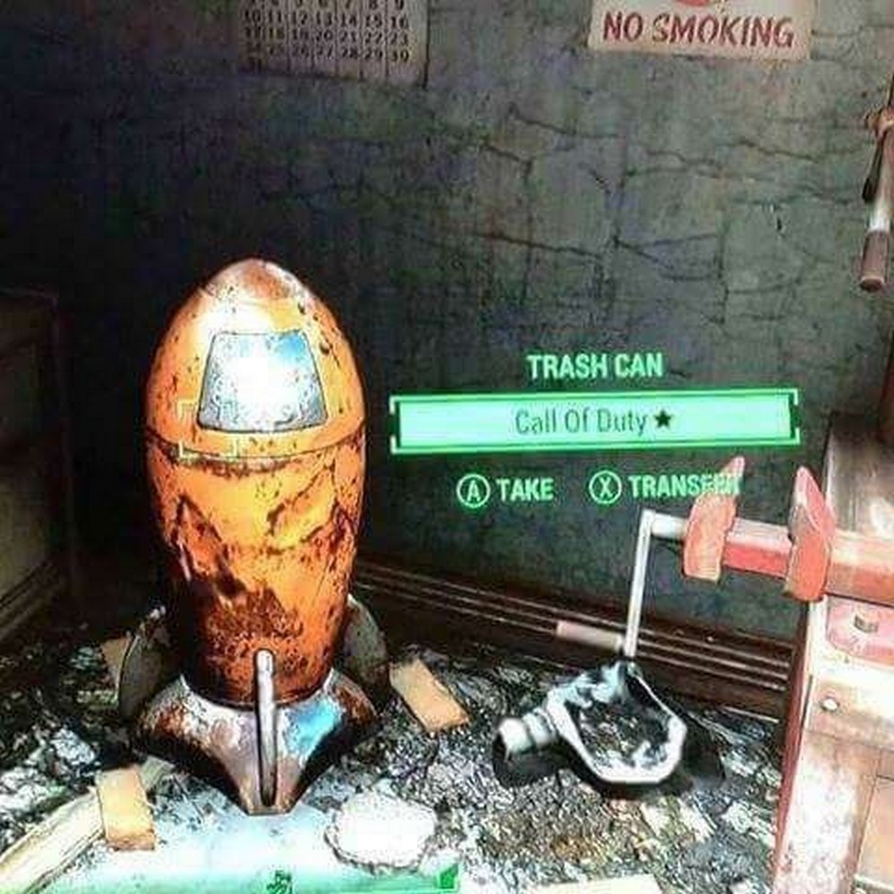 Call of Duty trash can Шутка про Call of Duty в игре Fallout 4 с ракетой-мусорным баком
