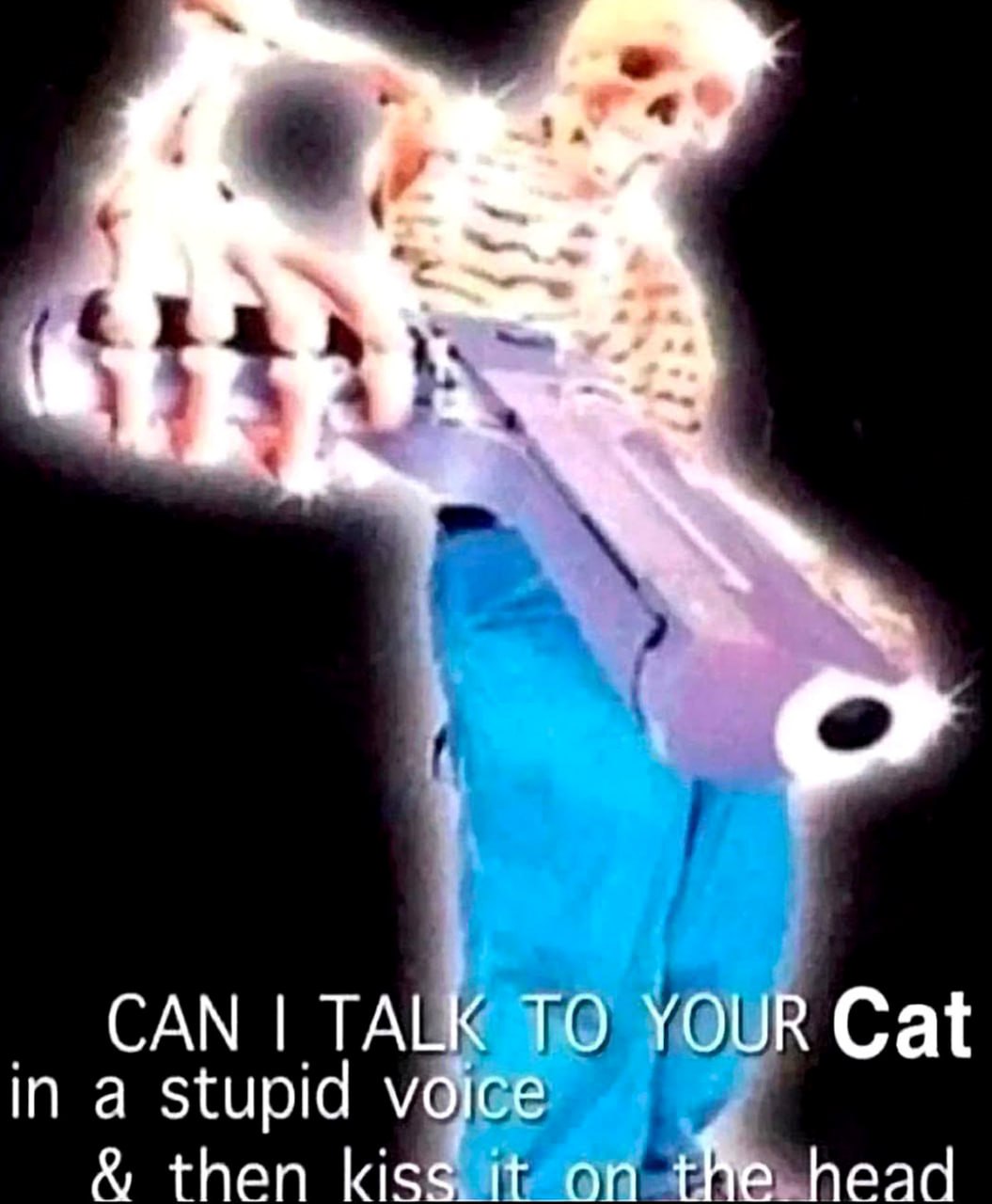 Can I talk to your cat in a stupid voice Светящийся скелет в синих штанах с пушкой спрашивает, можно ли поговорить с вашим котом глупым голосом и поцеловать его в голову.
