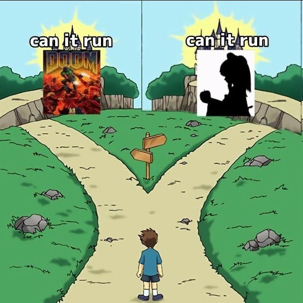 Развилка с надписью «can it run»: слева DOOM, справа силуэт аниме-девушки