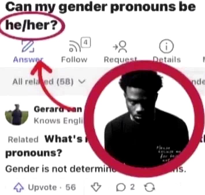 Can my gender pronouns be he/her Скриншот с вопросом "Can my gender pronouns be he/her?" и изображением мужчины.