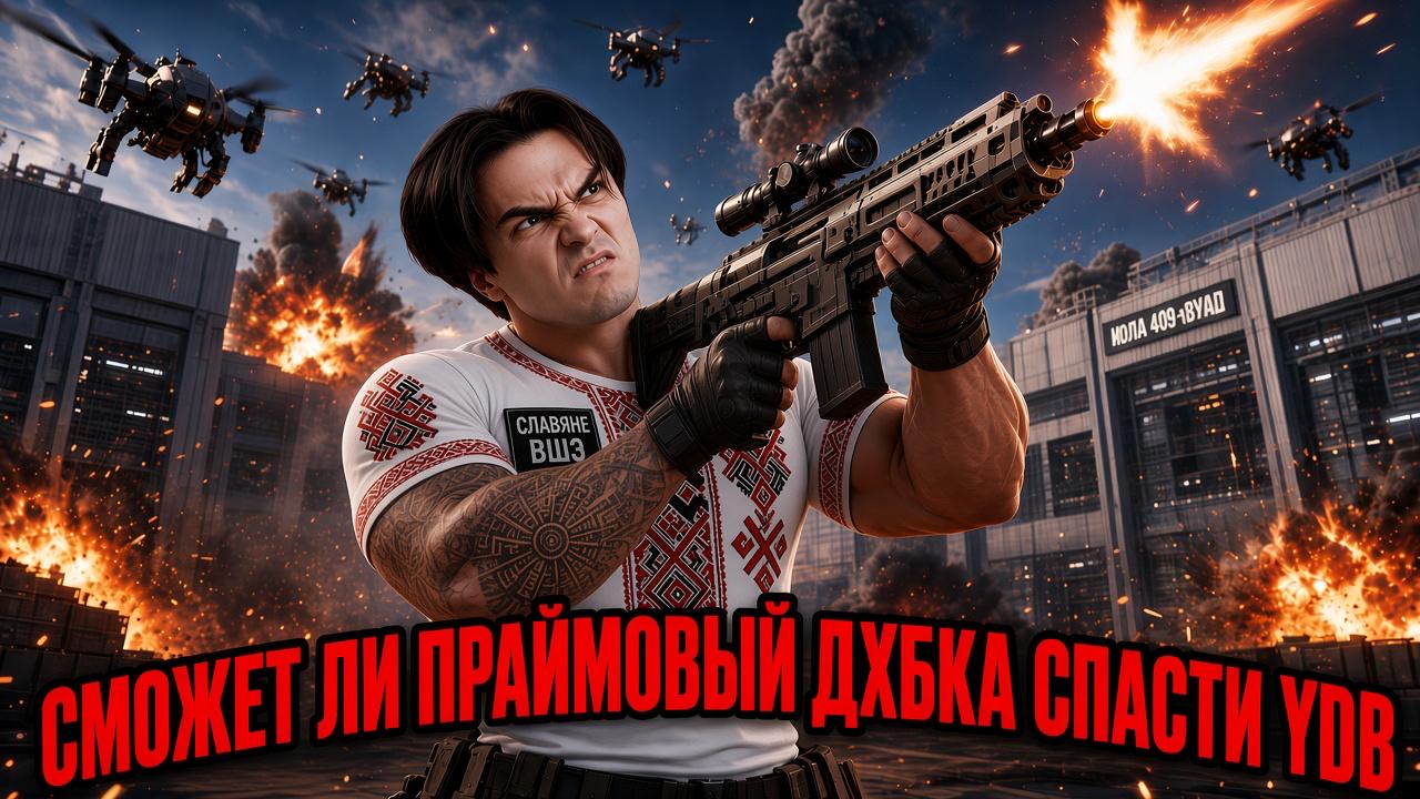 Праймовый Джека с автоматом пытается спасти УПВ во время масштабного сражения, окружённый взрывами и боевыми дронами.