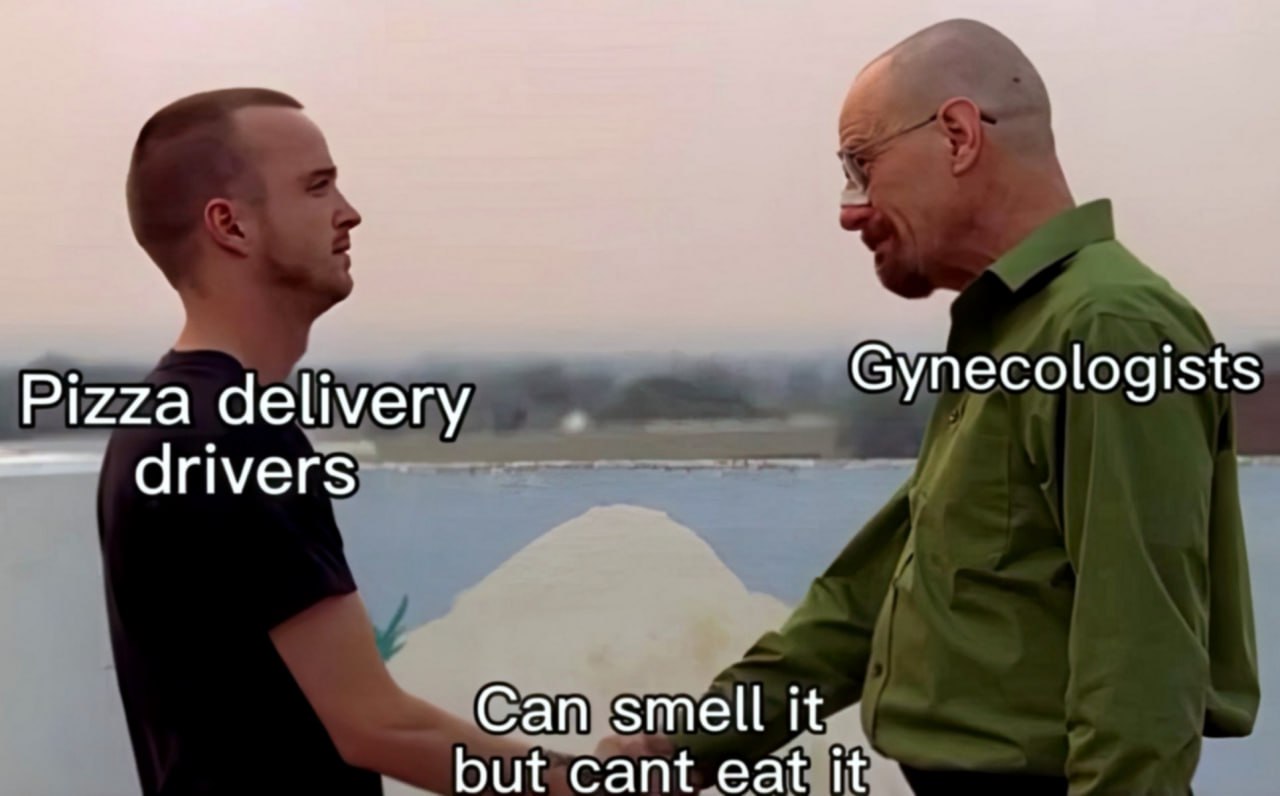Can smell it but can't eat it Джесси Пинкман и Уолтер Уайт пожимают друг другу руки на фоне горы из вещества, подписанные как доставщики пиццы и гинекологи, которые могут это чувствовать, но не могут съесть