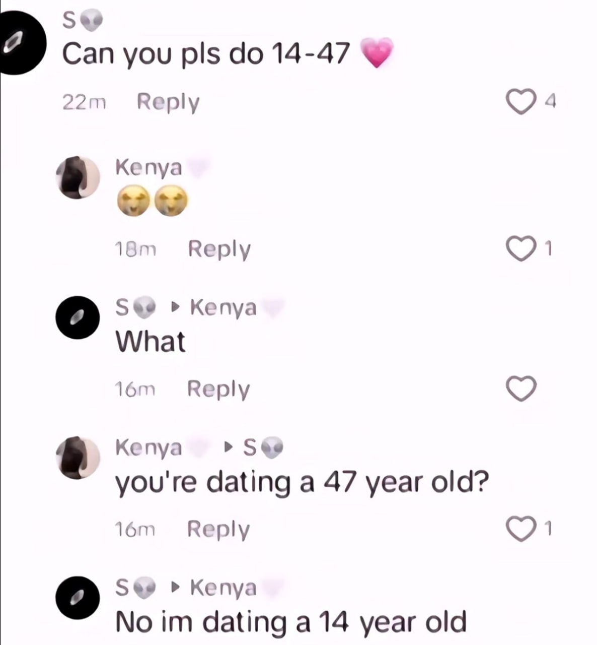 Can you pls do 14-47 Переписка в социальных сетях, где один человек просит «14-47», а другой ошибочно предполагает возраст и в итоге спрашивает, не встречаются ли они с 47-летним, на что первый человек отвечает, что встречаются с 14-летним.