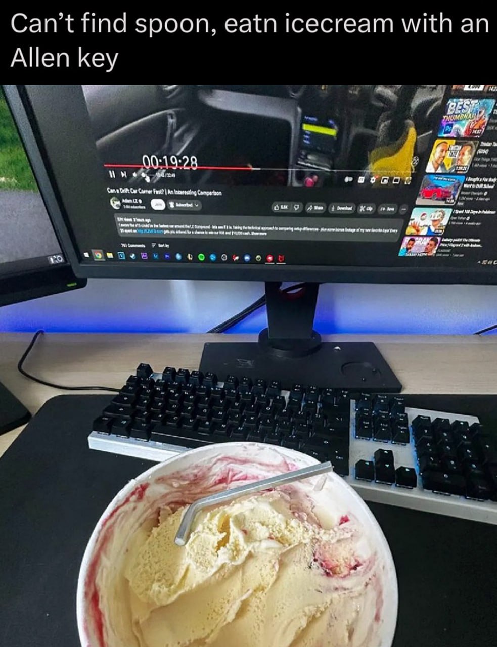 Can't find spoon, eatn icecream with an Allen key Человек ест мороженое гаечным ключом