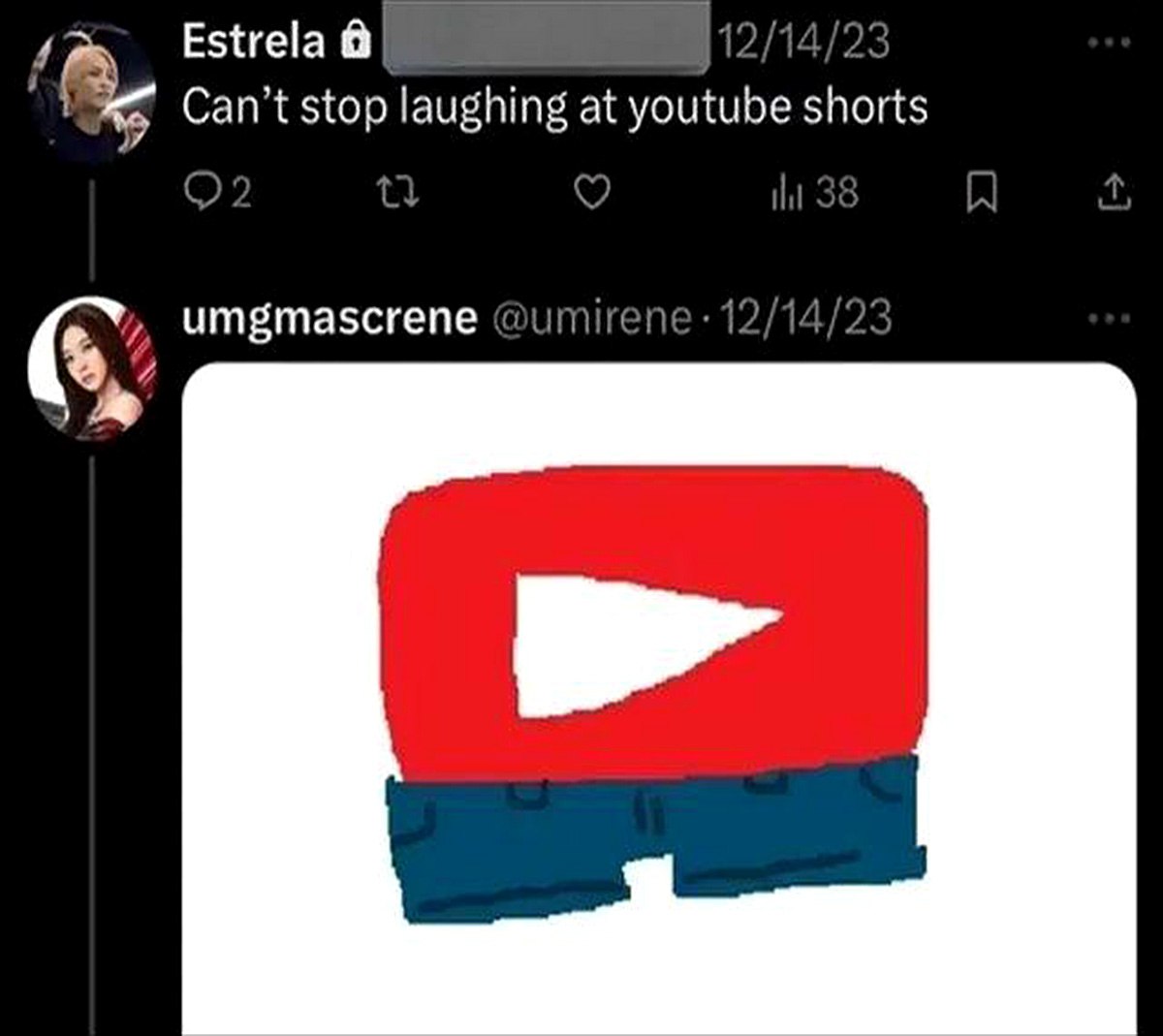 Can't stop laughing at youtube shorts Мем, где логотип YouTube Shorts изображен в виде шорт, над которым подписано "Can't stop laughing at youtube shorts".
