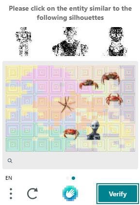 Запутанная CAPTCHA с силуэтами, насекомыми и кнопкой Verify, где нужно найти похожий объект среди разноцветной сетки