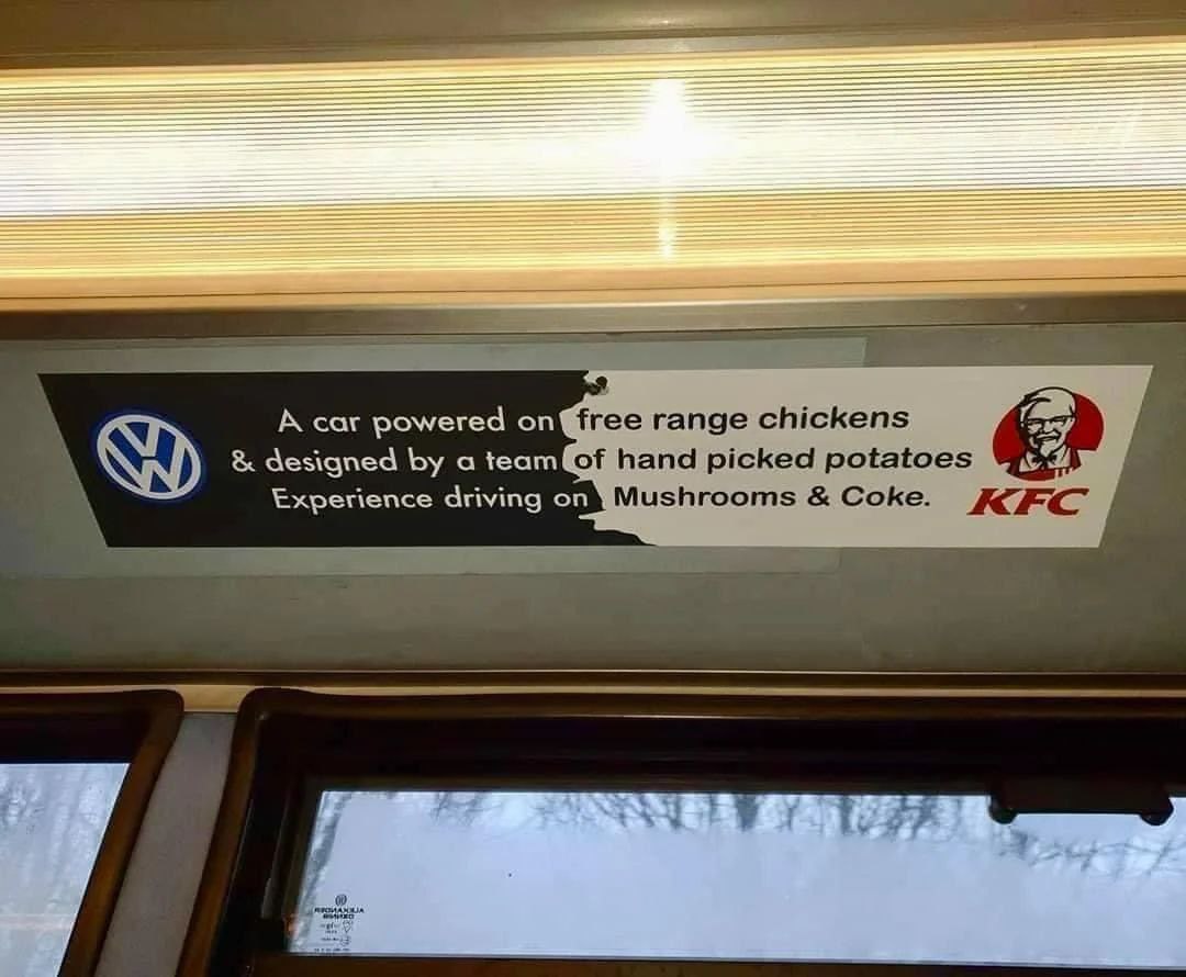 A car powered on free range chickens Автомобиль на курах и картофеле: реклама Volkswagen и KFC