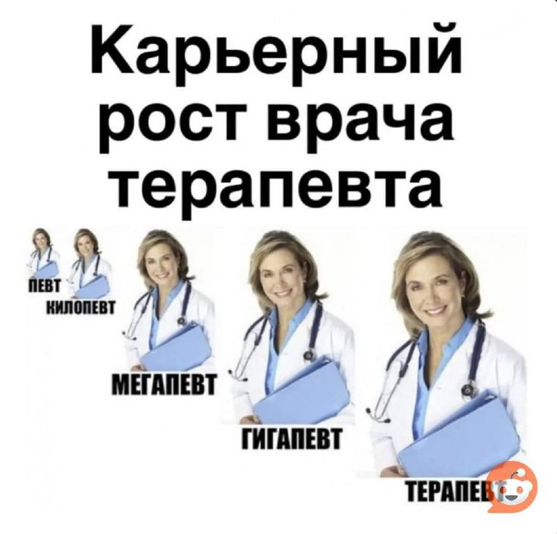 Карьерный рост врача терапевта Мем про карьерный рост врача терапевта, где обыгрываются приставки кило-, мега-, гига-.