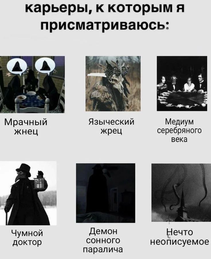 Карьеры, к которым я присматриваюсь Мем "Карьеры, к которым я присматриваюсь" с мрачным жнецом, языческим жрецом и другими необычными профессиями