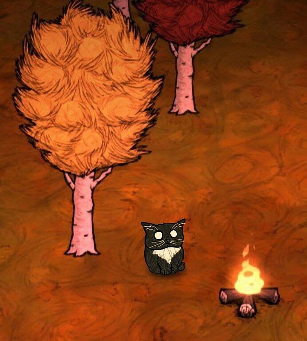 Кот из Don’t Starve у костра Кот из Don’t Starve сидит возле костра в осеннем лесу