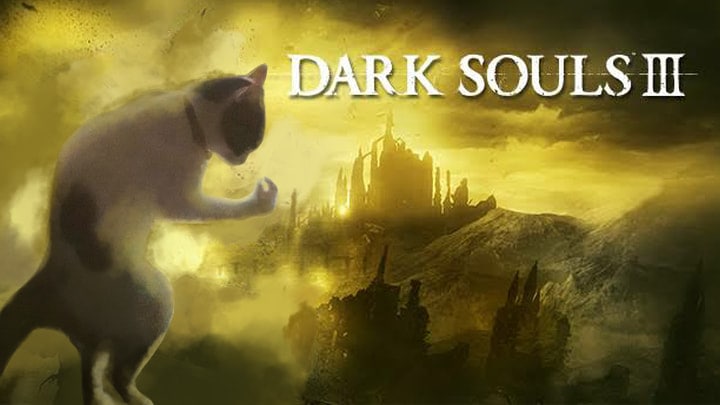 Кот Dark Souls III Кот в позе рыцаря из Dark Souls III на фоне зловещего замка