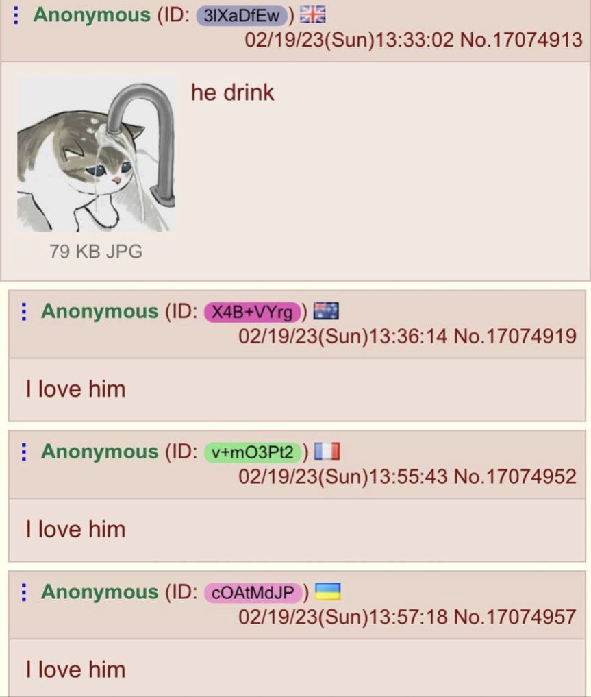 Кот пьет воду из крана Мем с котом, который пьет воду из крана под текстом "he drink", а другие пользователи пишут: "I love him"