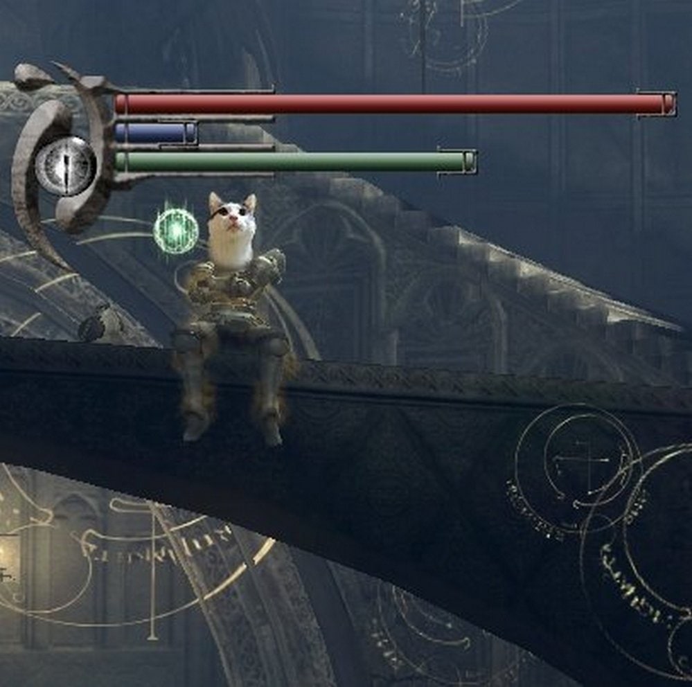 Кот в Dark Souls Мем с котом, одетым в доспехи, сидящим на мосту в стиле Dark Souls