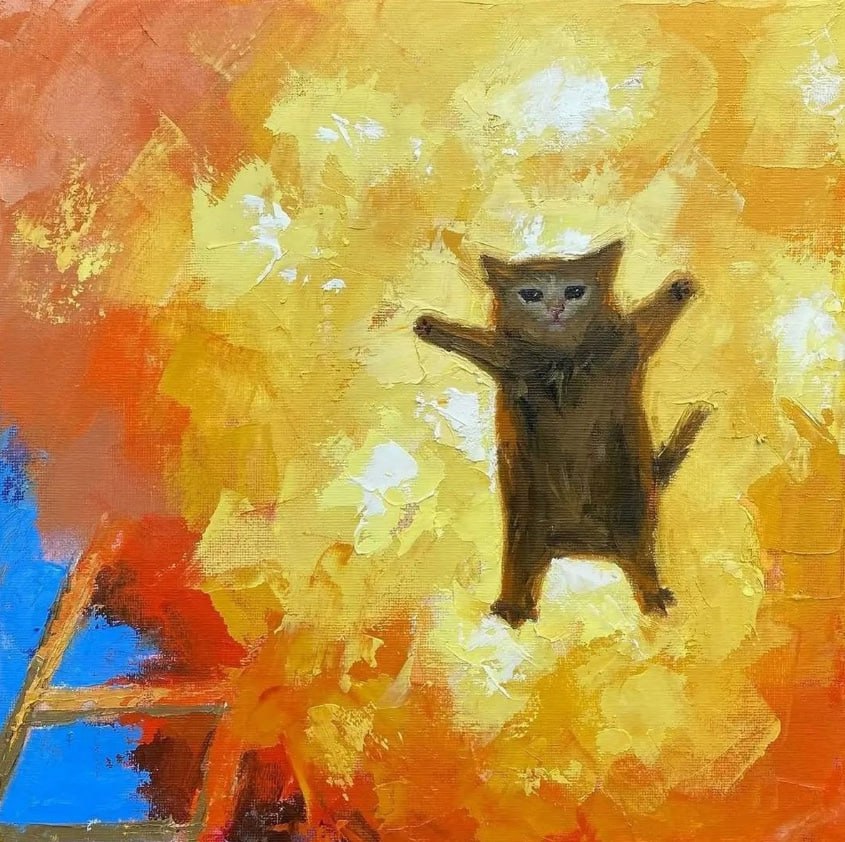 Кот в огне Нарисованный кот с раскинутыми лапами на фоне огня