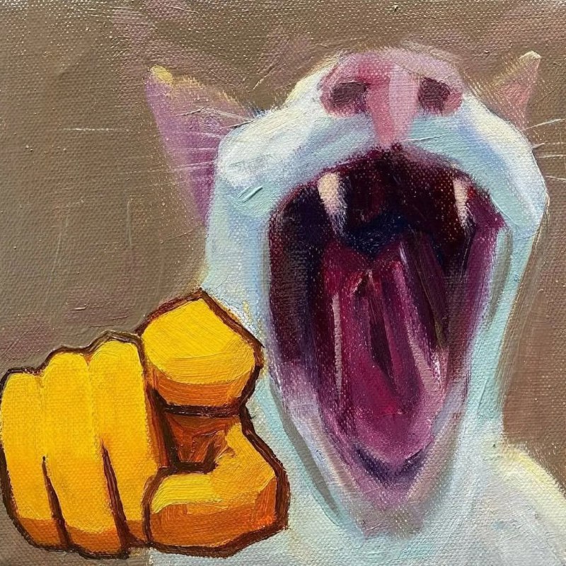 Кот кричит и показывает пальцем Картина маслом, изображающая белого кота, который кричит и указывает пальцем на зрителя