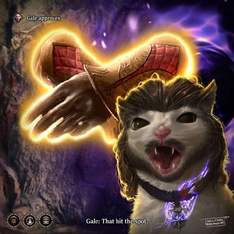 Кот орет Baldur's Gate 3 Кот из мема «Кот орет» с волосами и бородой, одобренный персонажем из Baldur's Gate 3 Гейлом, который говорит «прямо в точку»