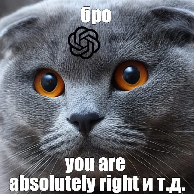 Кот с логотипом ChatGPT и надписью «Бро, you are absolutely right» Мем с серым котом шотландской породы, у которого на лбу изображен логотип ChatGPT, а под ним надписи «Бро» и «you are absolutely right и т.д.»