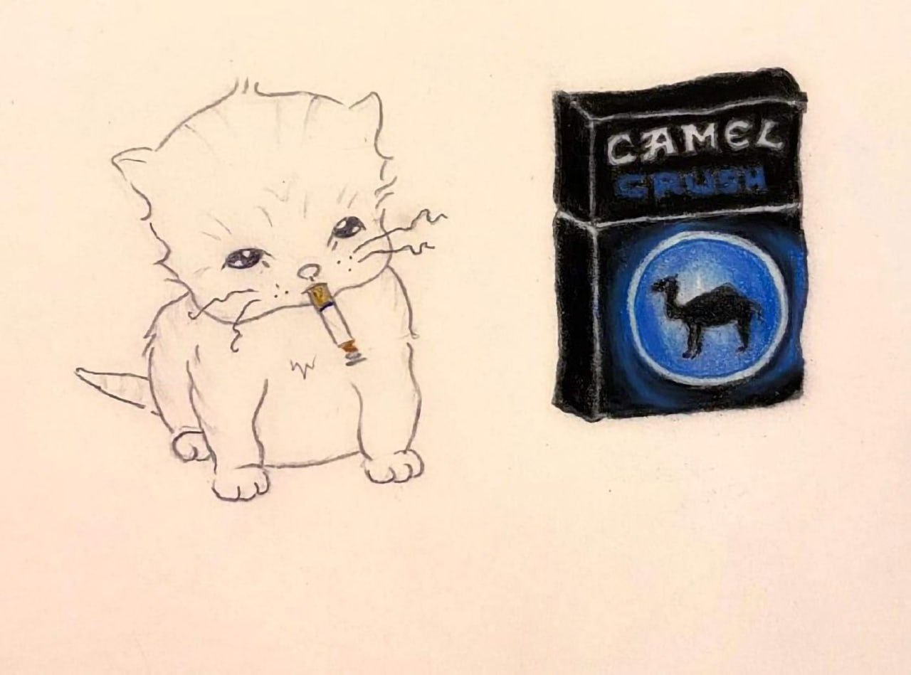 Кот с сигаретой и пачка Camel Crush Маленький белый котенок с сигаретой и пачка сигарет Camel Crush.