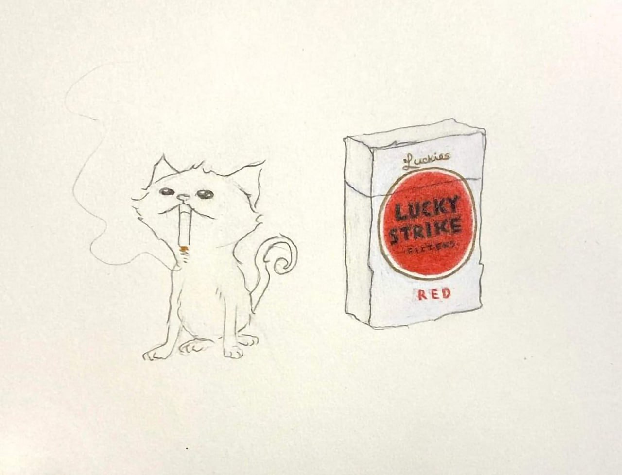Кот с сигаретой Lucky Strike Рисунок кота с сигаретой и пачкой Lucky Strike