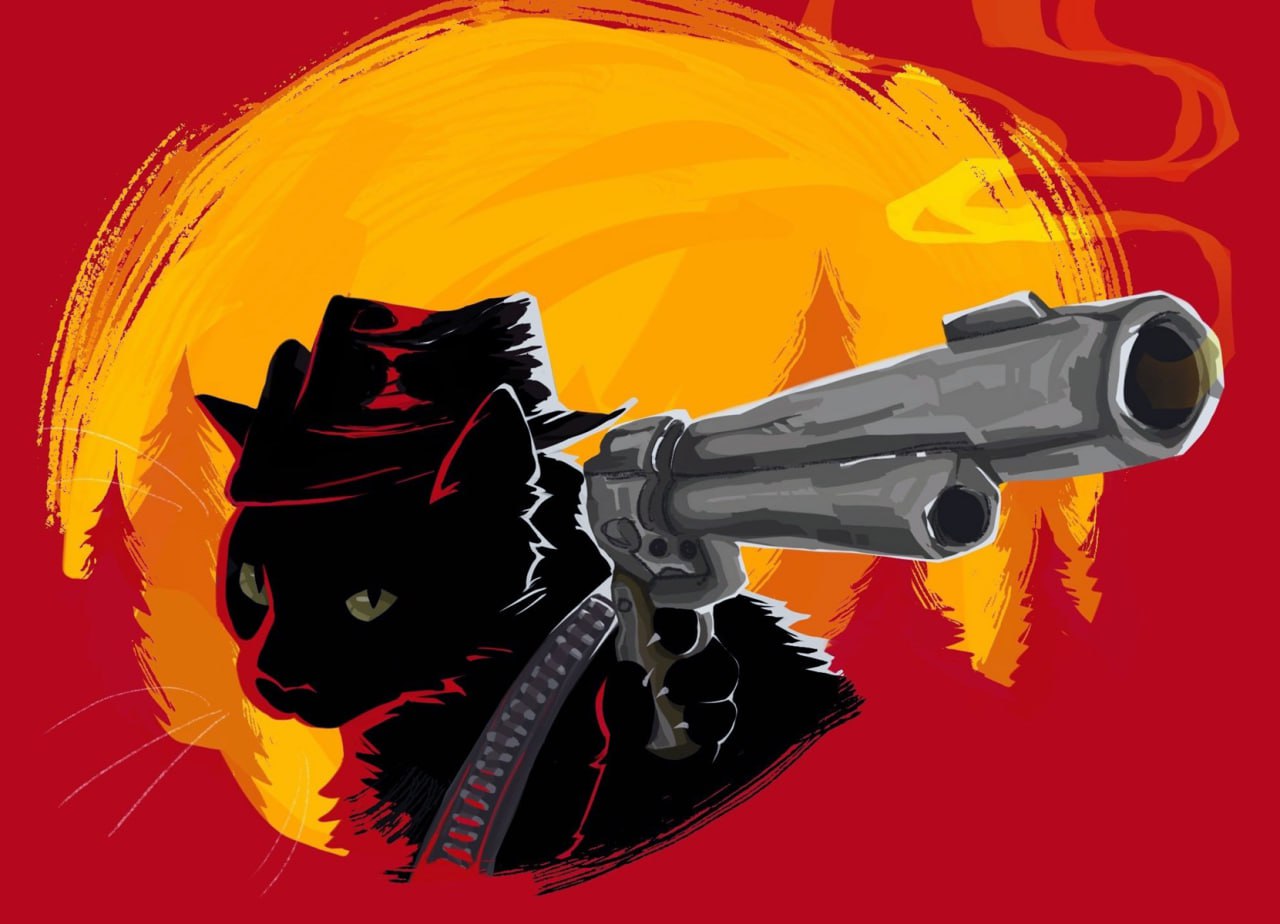 Кот с револьвером в шляпе RDR2 Кот в ковбойской шляпе с револьвером, в стилистике Red Dead Redemption 2.