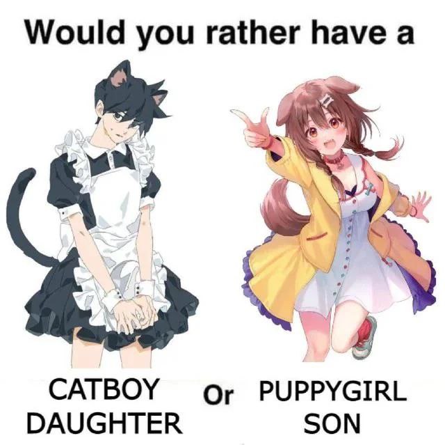Аниме-выбор: catboy daughter или puppygirl son на белом фоне с двумя персонажами в костюмах животных.