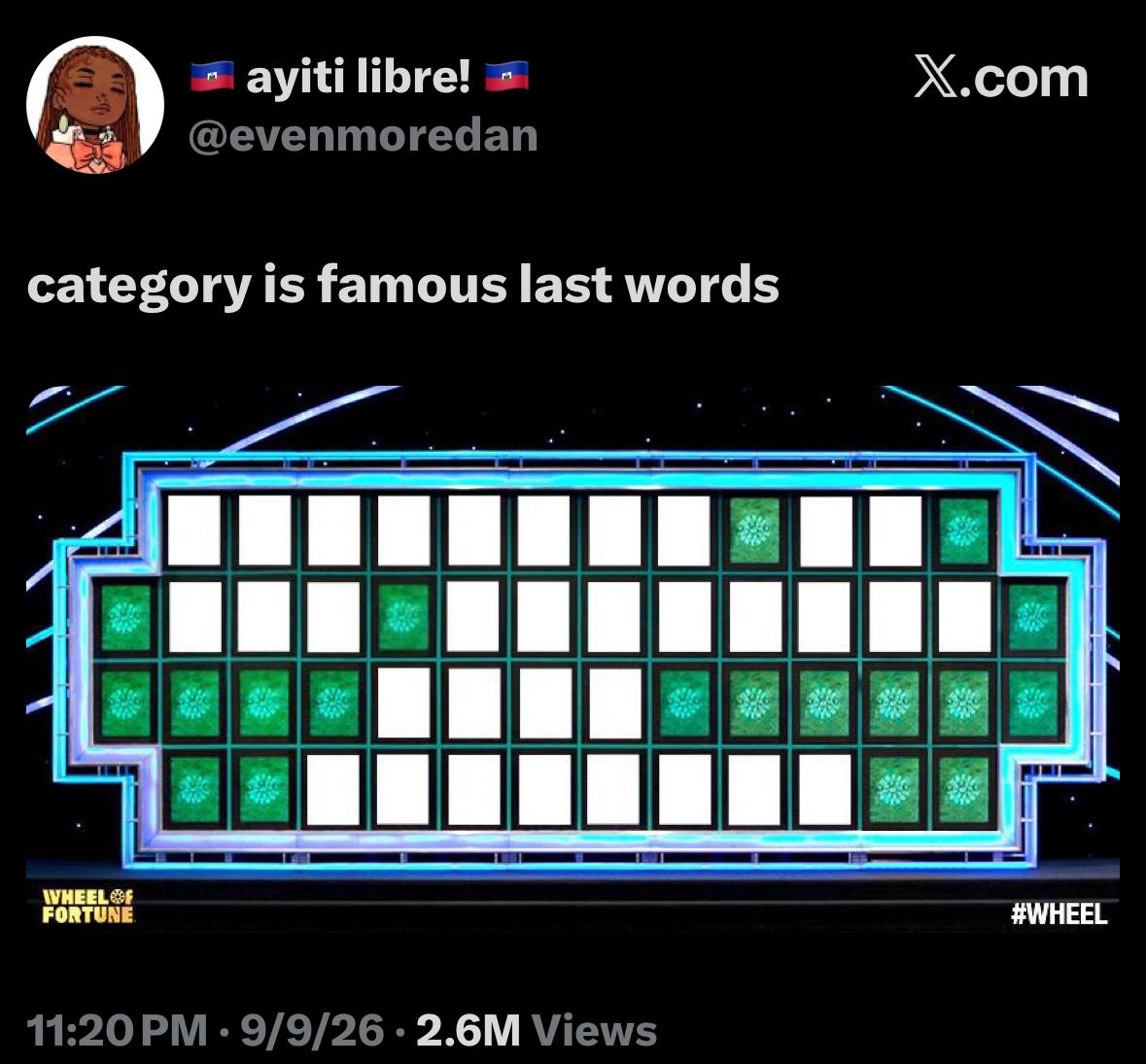 Игровое поле Wheel of Fortune с категорией «famous last words» и почти полностью закрытой фразой