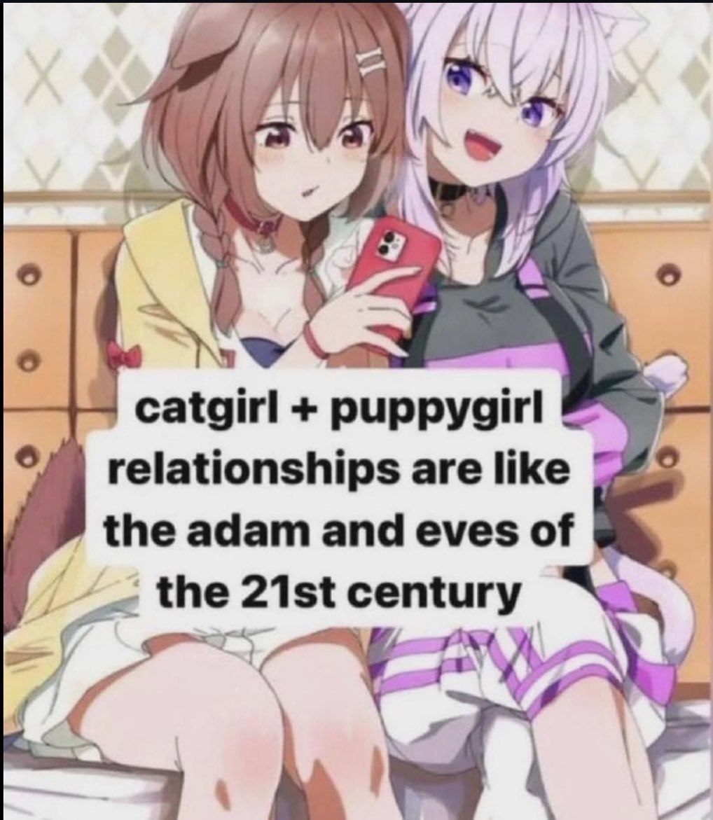 Две аниме-девушки, catgirl и puppygirl, сидят вместе, а подпись сравнивает их отношения с Адамом и Евой XXI века.