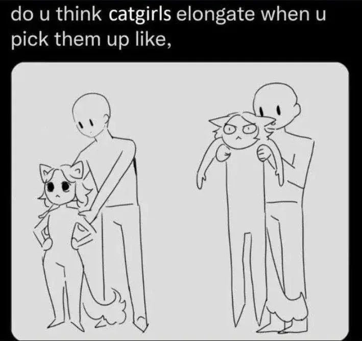 Рисунок с catgirl, которую поднимают на руки, и она смешно вытягивается вверх