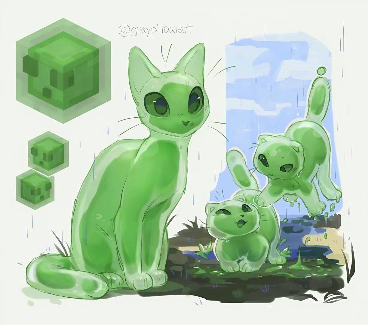 Кошки из слайма Кот, похожий на слайм из Майнкрафта, с двумя котятами из слайма