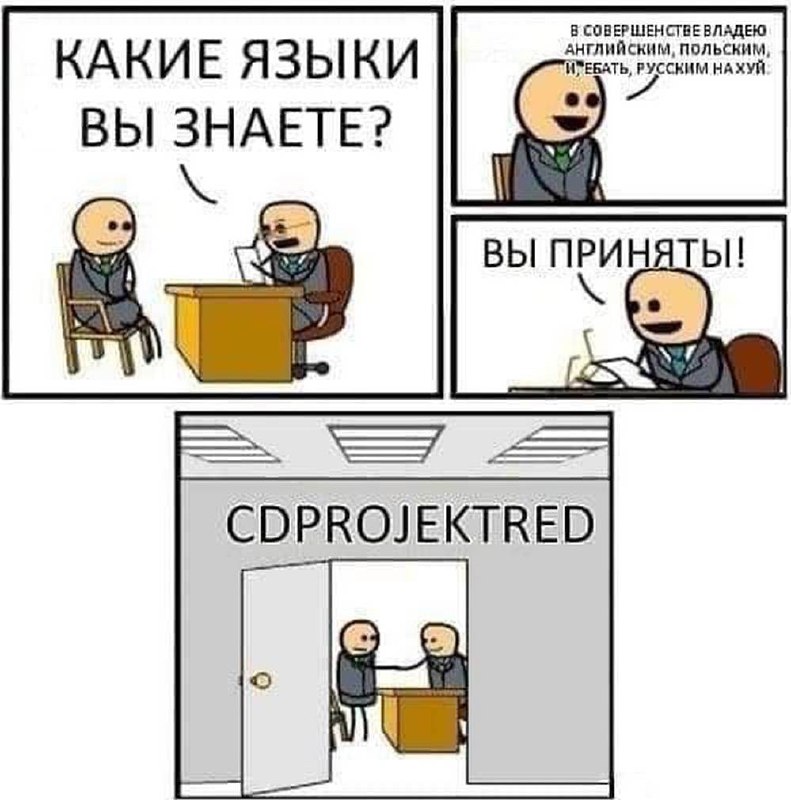 Собеседование в CD Projekt Red Мем про собеседование в CD Projekt Red, где один из соискателей в совершенстве владеет русским языком с использованием обсценной лексики.