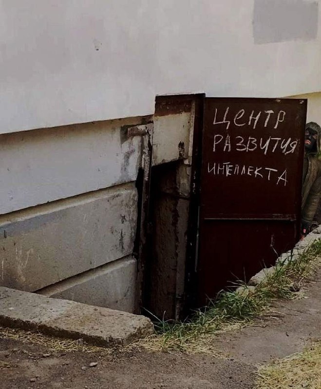 Центр развития интеллекта Загадочный Центр развития интеллекта, написанный мелом на старой двери, расположенный в заброшенном или полуразрушенном здании.