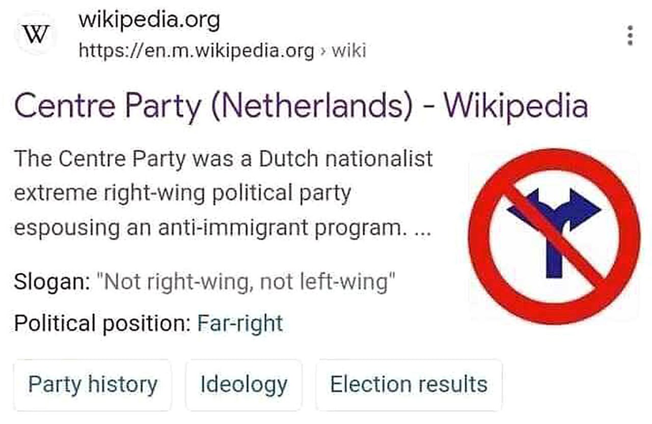 Centre Party (Netherlands) - Wikipedia Скриншот страницы Википедии о Центристской партии Нидерландов со слоганом "Not right-wing, not left-wing" и пометкой "Far-right"