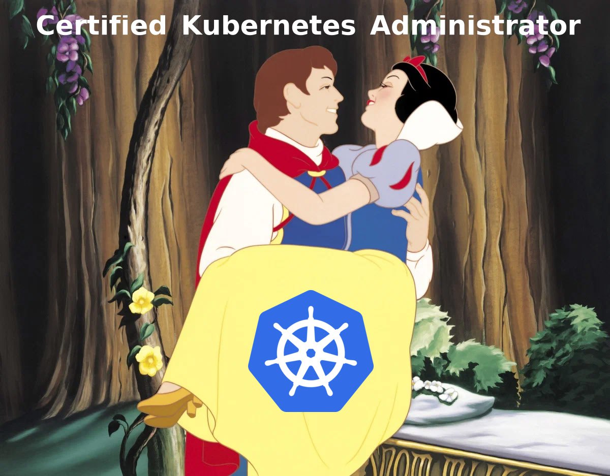 Certified Kubernetes Administrator Принц держит Белоснежку с логотипом Kubernetes на платье
