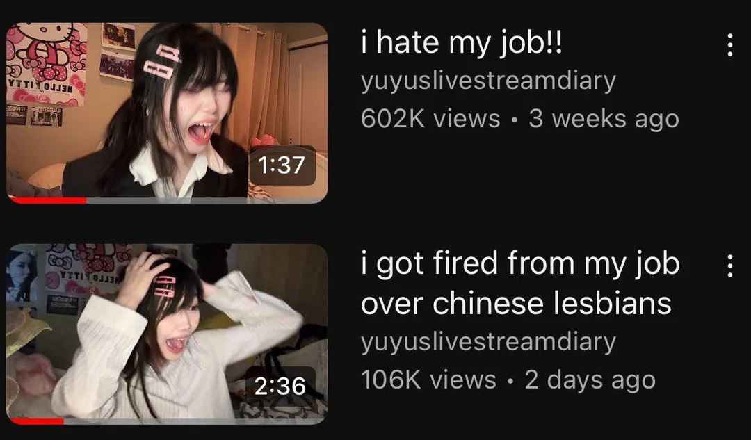 Поменяла отношение к работе Девушка на двух превью YouTube-видео: на первом она кричит «Я ненавижу свою работу!», а на втором, снятом две недели спустя, она снова кричит, но уже «Меня уволили с работы из-за китаянок-лесбиянок»