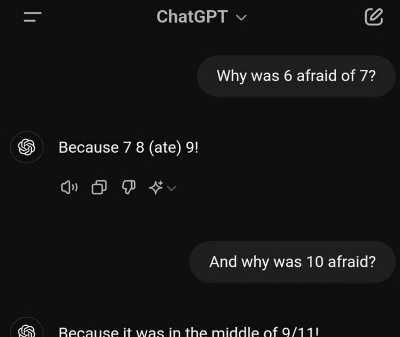 ChatGPT шутит про 9/11 Переписка с ChatGPT, где нейросеть рассказывает две шутки: про 6, 7 и 8, а также про 10 и 9/11