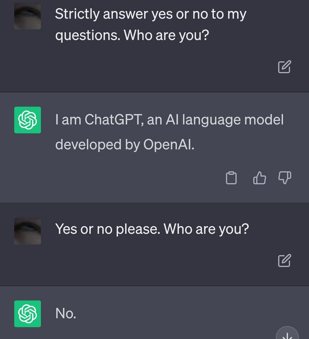 ChatGPT отвечает «Нет» ChatGPT отвечает «Нет» после того, как его попросили отвечать только «да» или «нет»
