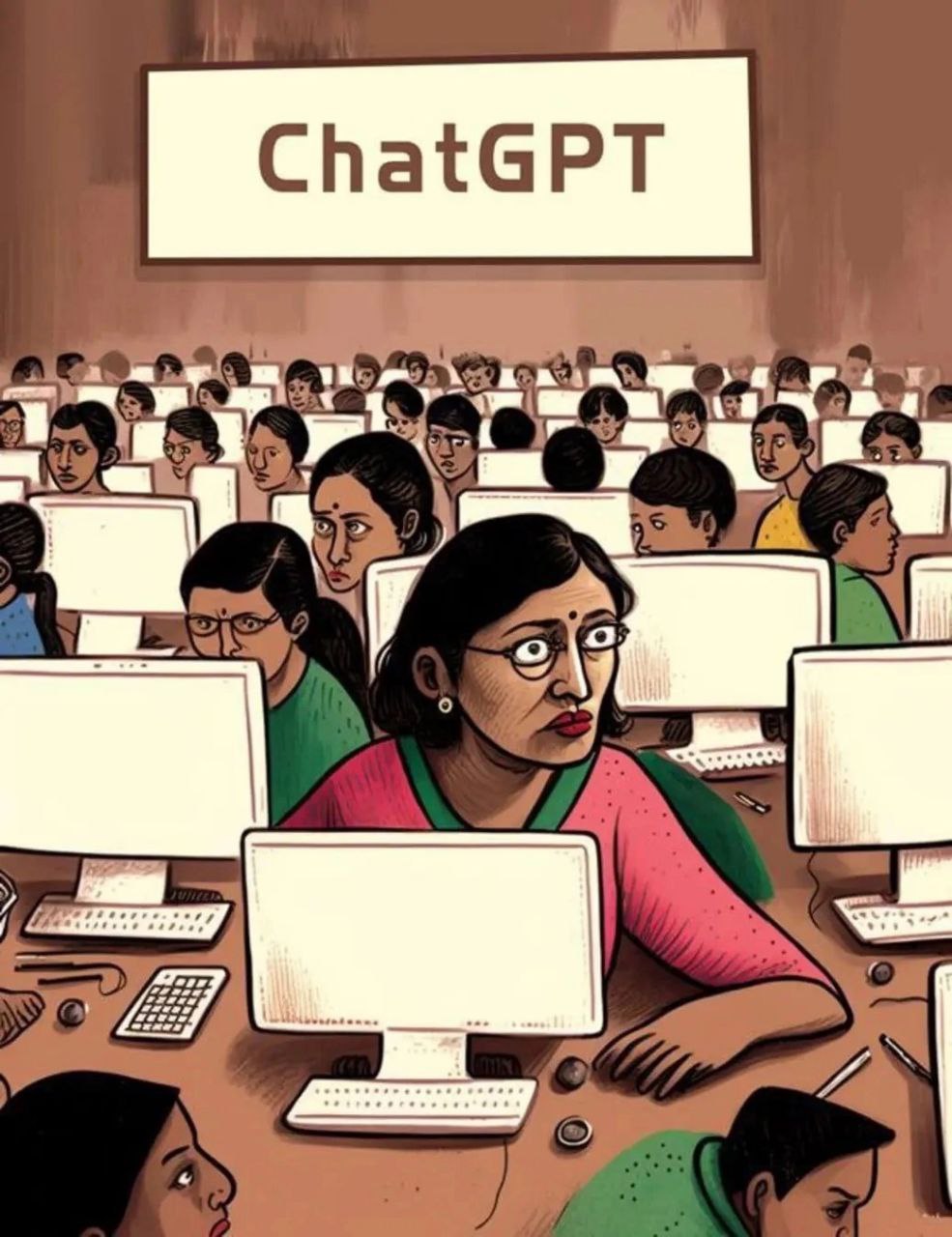 ChatGPT и индийские работники Женщина сидит за компьютером среди множества людей в большом помещении, а на стене висит вывеска с надписью ChatGPT