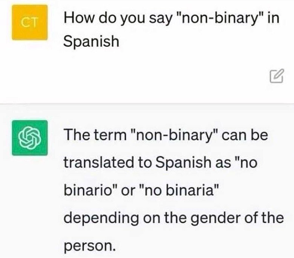 ChatGPT про небинарных людей Запрос к ChatGPT о переводе слова "non-binary" на испанский язык и его забавный ответ.