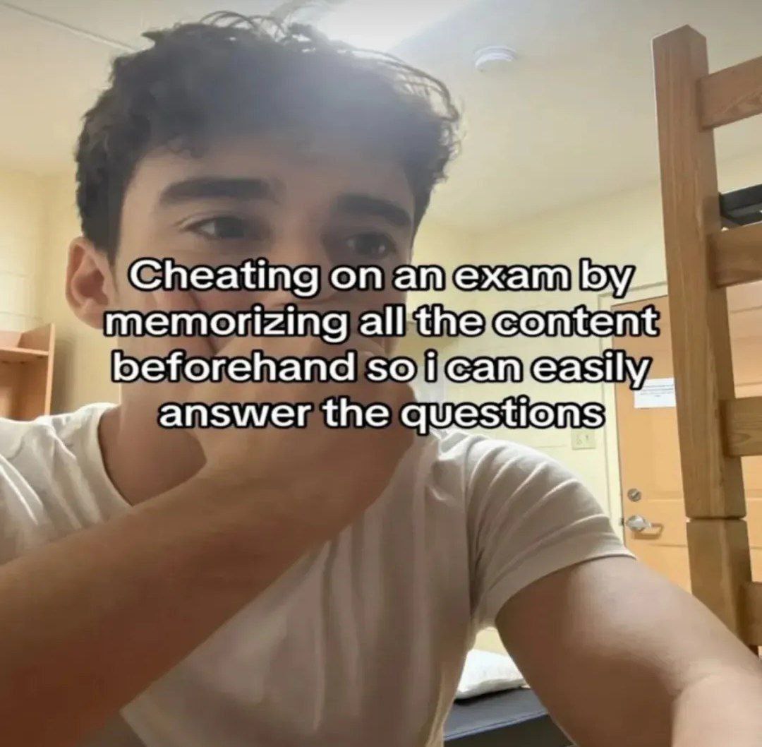 Cheating on an exam by memorizing all the content Молодой человек с задумчивым видом и подписью: "Списываю на экзамене, запоминая весь материал заранее, чтобы потом легко отвечать на вопросы"