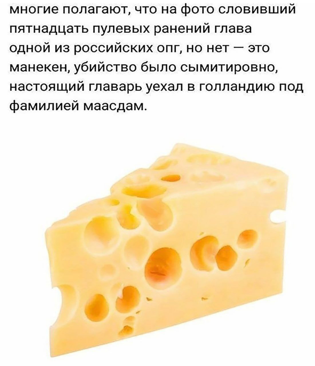 Сыр с отверстиями и главарь ОПГ Крупный кусок швейцарского сыра, который по легенде словил пятнадцать пулевых ранений, на белом фоне