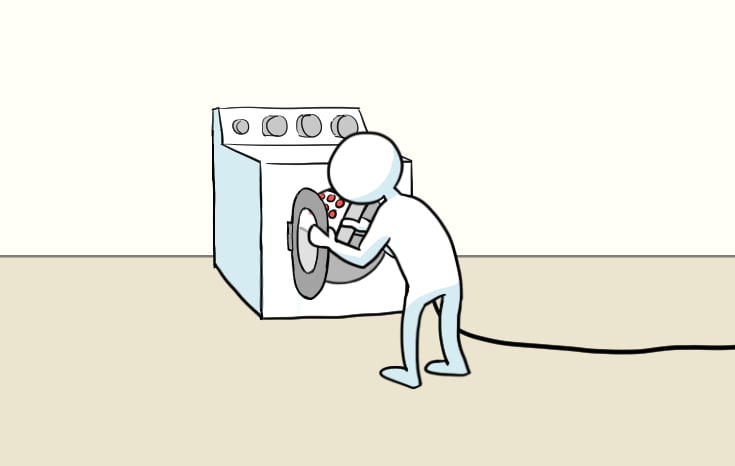 Человек достаёт красные шарики из стиральной машины Нарисованный человечек наклонился над стиральной машиной и вытаскивает из неё красные шарики