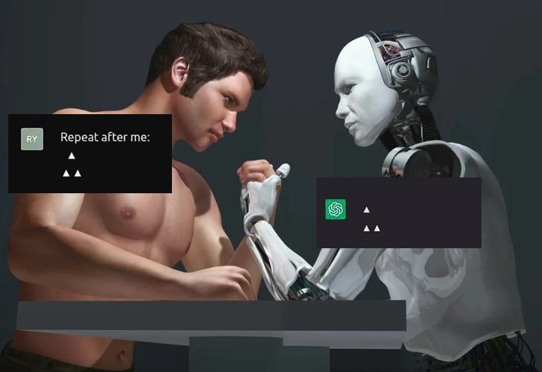 Человек и робот играют в армрестлинг с текстом Мем с человеком и роботом, которые играют в армрестлинг. Человек просит робота повторить за ним три точки, но робот повторяет лишь две.