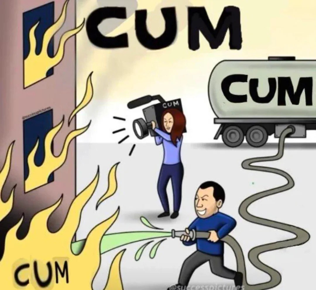 Мужчина тушит пожар "CUM" Человек тушит пожар субстанцией из цистерны с надписью «CUM» под прицелом камеры, на которой также написано «CUM»