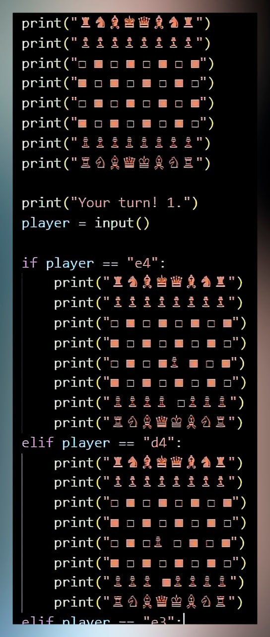 Шахматная игра на Python Исходный код простой шахматной игры, написанный на Python, где каждый ход, такой как e4 или d4, прописывается отдельно. Это делает игру очень сложной для дальнейшего развития и поддержки.