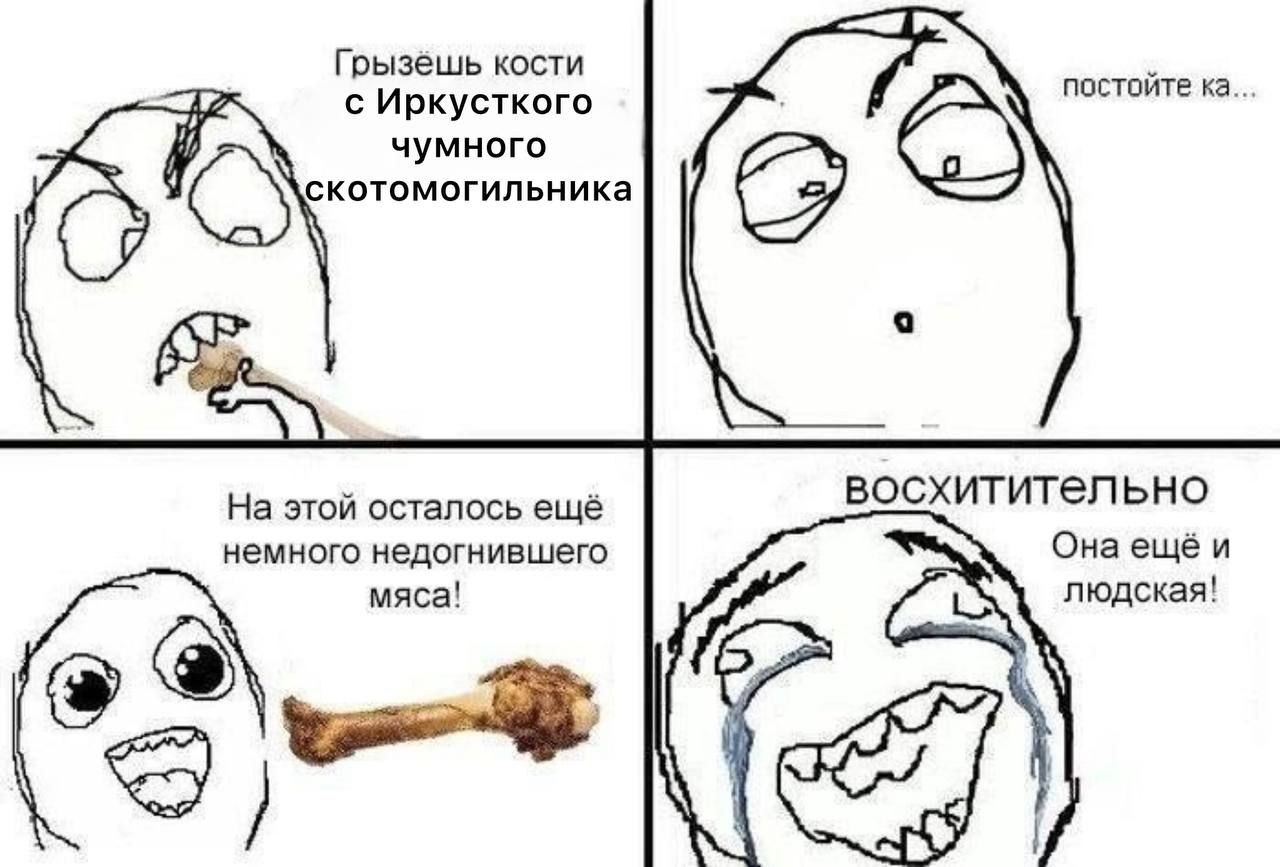 Персонаж rage comic грызёт кость с Иркутского чумного скотомогильника, находит недогнившее мясо и радуется, что оно человеческое.