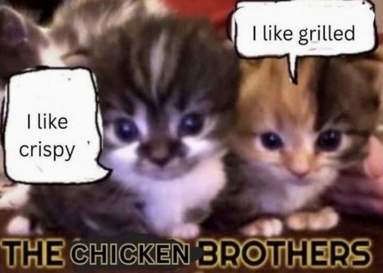 Chicken Brothers Мем с милыми котятами и текстом про курицу, где один котёнок любит хрустящую корочку, а другой жареную