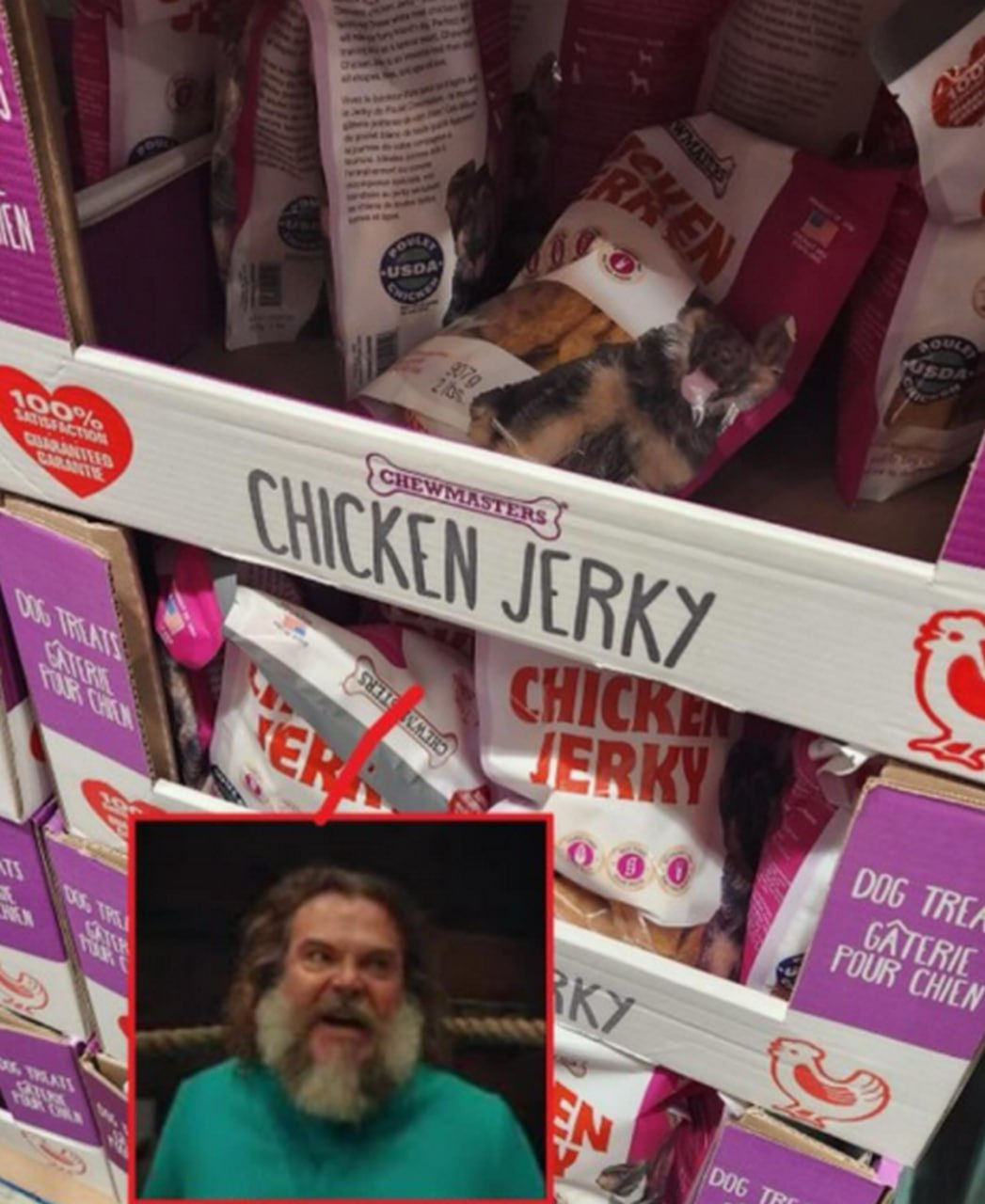 Chicken Jerky dog treats мем Мужчина смотрит на упаковку лакомства для собак с собакой внутри