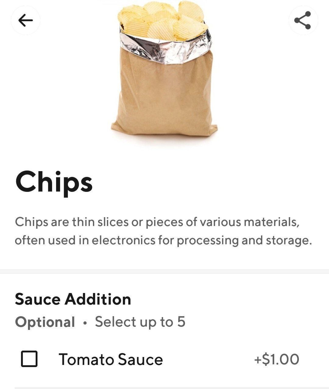 Chips are thin slices or pieces of various materials Мем с описанием чипсов как электронных компонентов и предложением соуса к ним